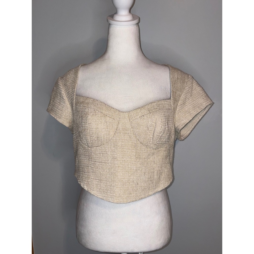 Le Lis Collection Beige Tweed Bustier Crop Top Short Sleeve NWT Large